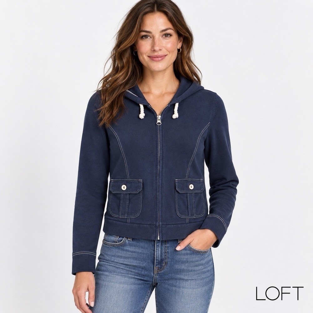 LOFT Women's Petite M Navy Full Zip Hoodie Utility Pocket Jacket Cotton Blend
